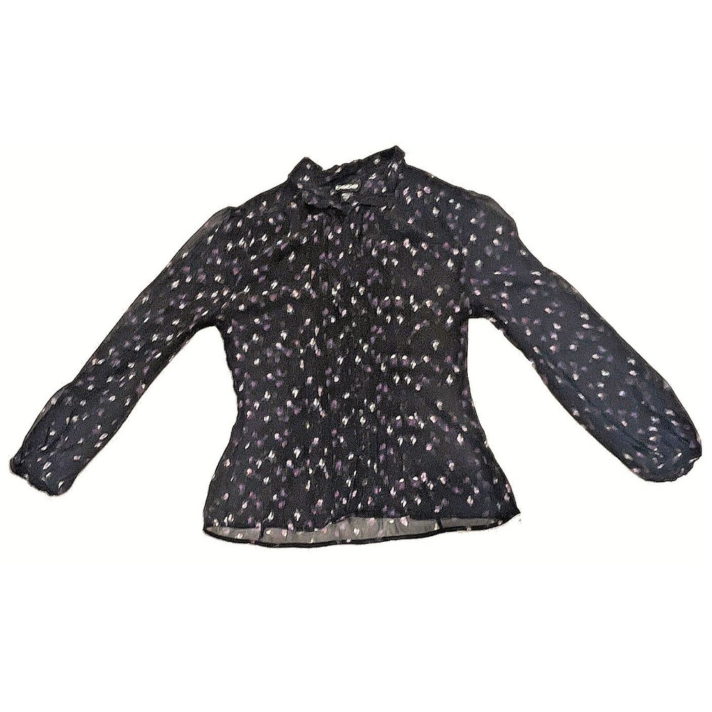 Bebe Women Black 100% Silk Abstract Floral Ruffle Neck Puff Sleeve Blouse Small